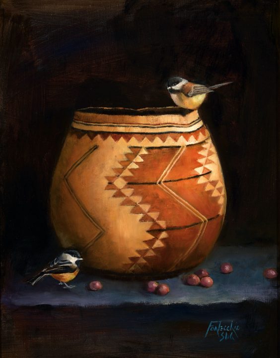Yurok Basket, Salal Berries, and Chickadees Yurok Basket Salal Berries and Chickadees by J Fontecchio